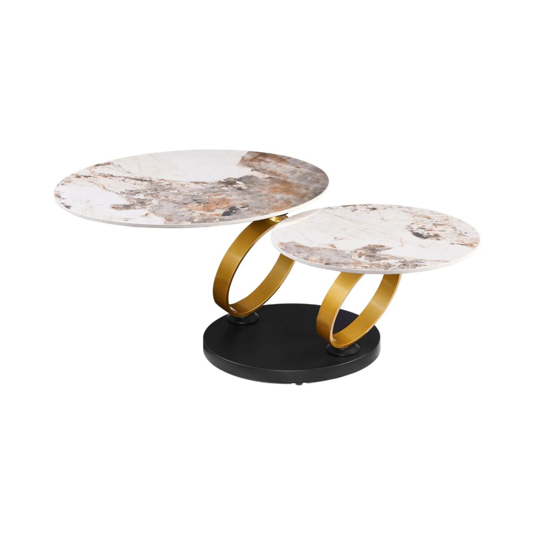 Table basse SOLYNE avec plateaux effet marbre et anneaux dorés