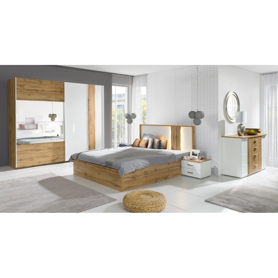 Chambre complète WOOD : lit 160x200, armoire 250cm, commode et deux chevets