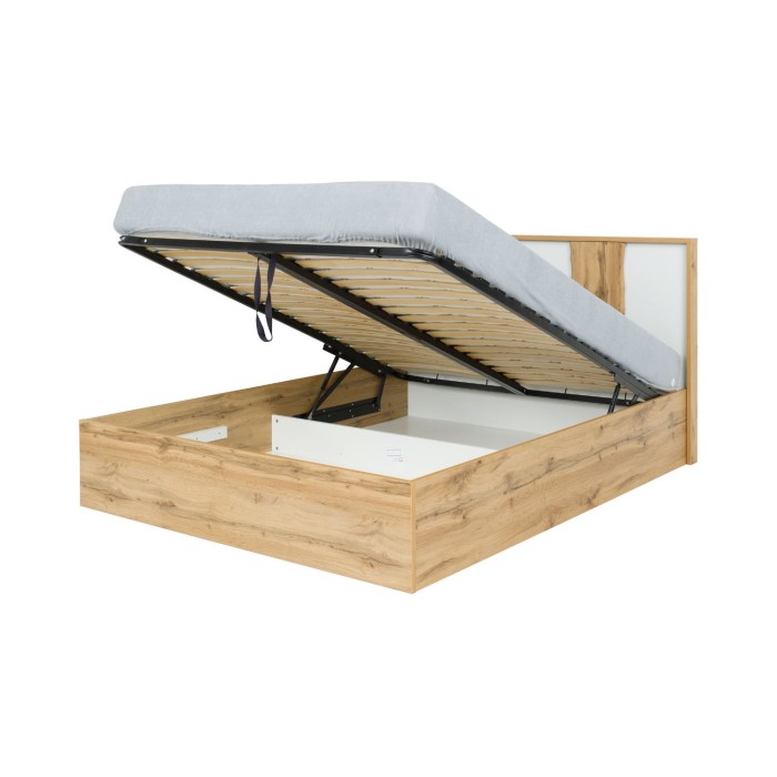 Camera completa WOOD con letto contenitore 160 x 200 cm LED, armadio 250 cm, cassettiera e comodini - Rovere e bianco