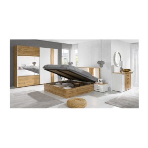 Chambre complète WOOD : lit coffre 160x200, armoire 250cm, commode et deux chevets