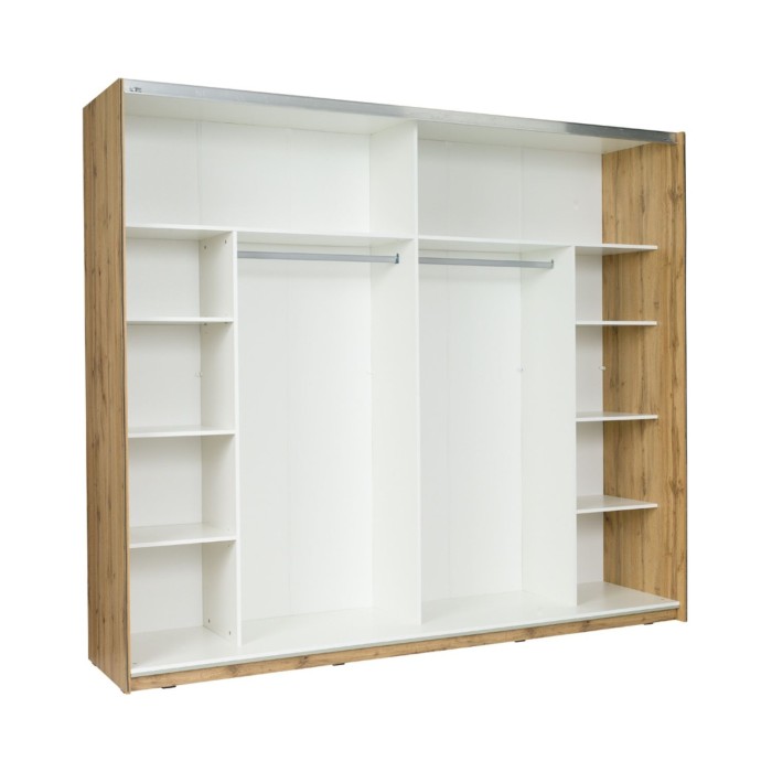 Habitación completa WOOD con cama con canapé 180 x 200 cm LED, armario de 250 cm, cómoda y mesitas de noche – Roble y blanco