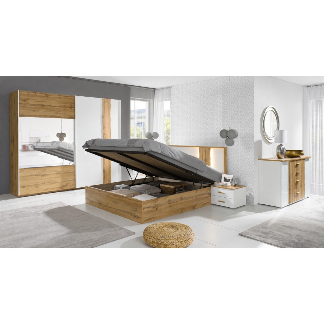 copy of WOOD Schlafzimmer in Eichen- und Weißfarben mit LED-Bett mit Stauraum, Kommode, Nachttischen und Kleiderschrank