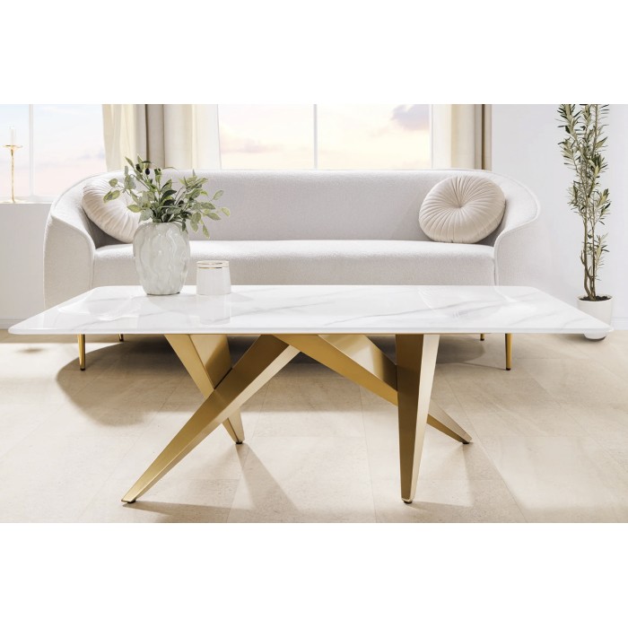 Table basse AXIS 130 cm mit Marmoreffekt weiß und goldenen Beinen
