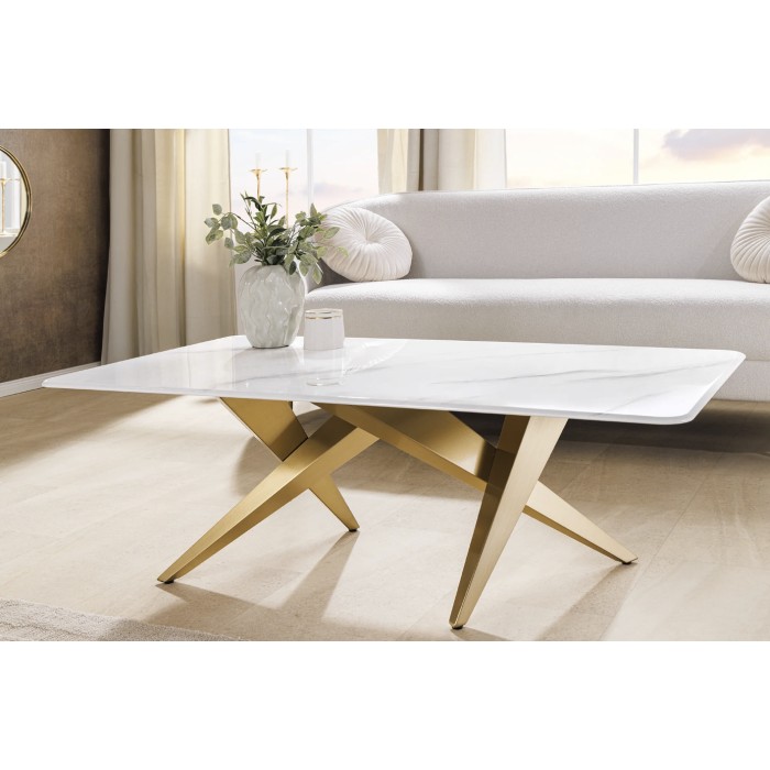 Table basse AXIS 130 cm mit Marmoreffekt weiß und goldenen Beinen