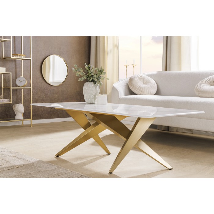 Table basse AXIS 130 cm mit Marmoreffekt weiß und goldenen Beinen