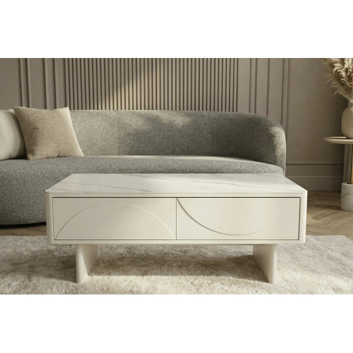 Chique salontafel MIYA 120 cm - Blad in wit marmer effect keramiek en 2 laden