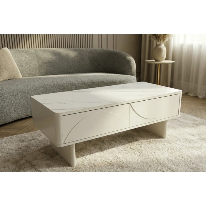 Chique salontafel MIYA 120 cm - Blad in wit marmer effect keramiek en 2 laden