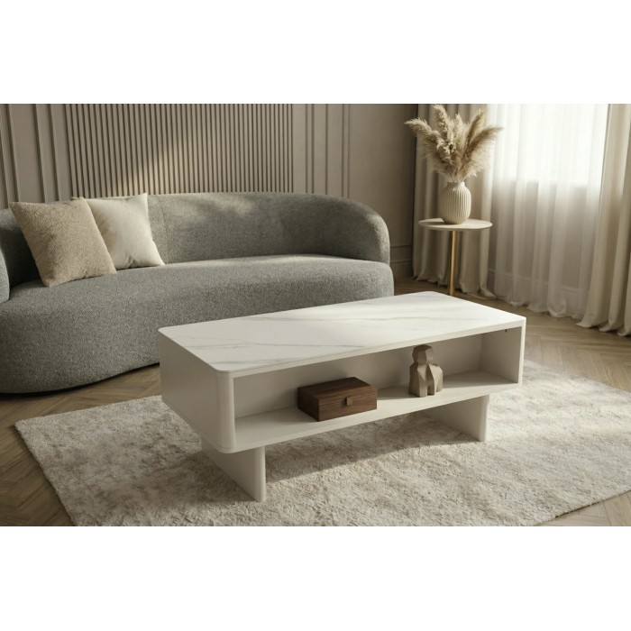 Chique salontafel MIYA 120 cm - Blad in wit marmer effect keramiek en 2 laden