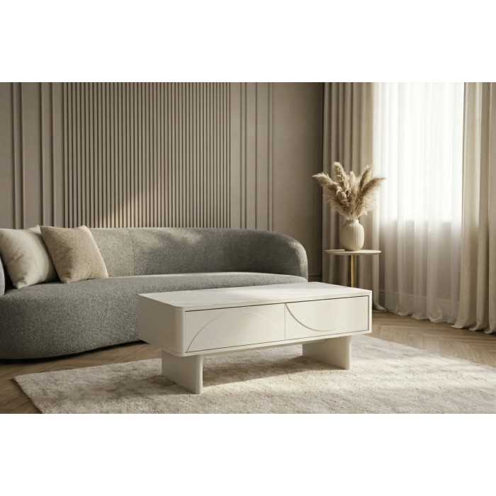 Chique salontafel MIYA 120 cm - Blad in wit marmer effect keramiek en 2 laden