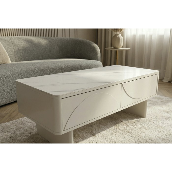 Chique salontafel MIYA 120 cm - Blad in wit marmer effect keramiek en 2 laden