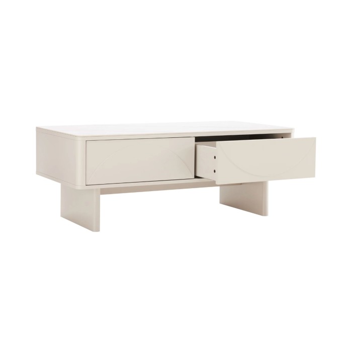 Chique salontafel MIYA 120 cm - Blad in wit marmer effect keramiek en 2 laden