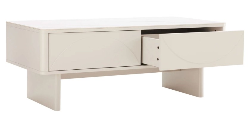 Table basse MIYA blanche avec tiroir ouvert sur fond blanc