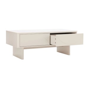 Table basse MIYA blanche avec tiroir ouvert sur fond blanc
