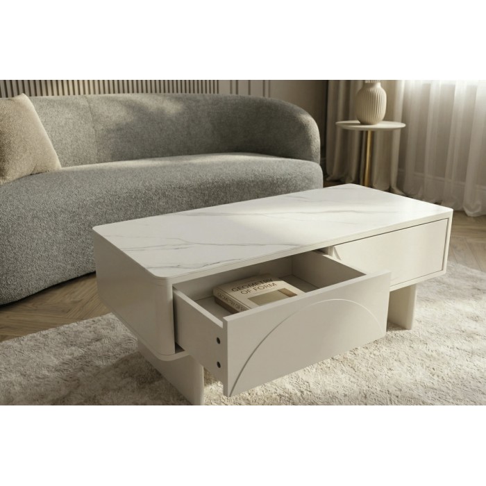 Chique salontafel MIYA 120 cm - Blad in wit marmer effect keramiek en 2 laden