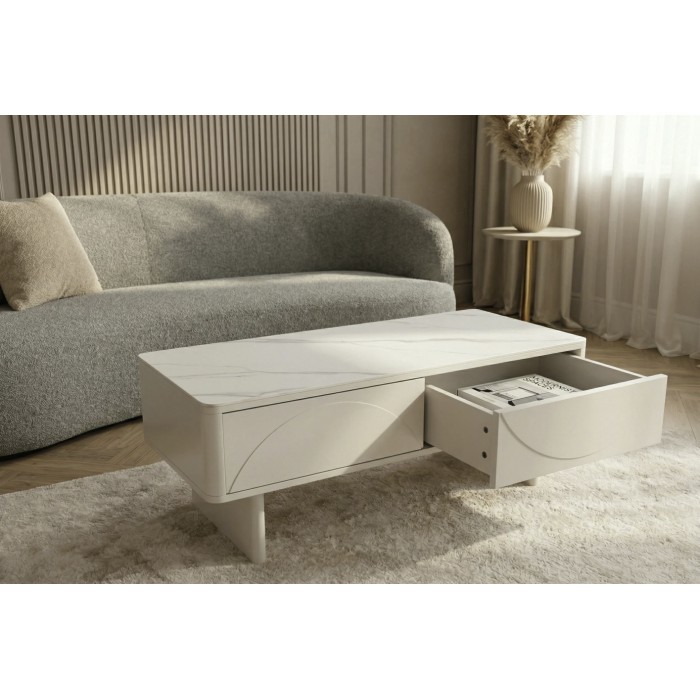 Chique salontafel MIYA 120 cm - Blad in wit marmer effect keramiek en 2 laden