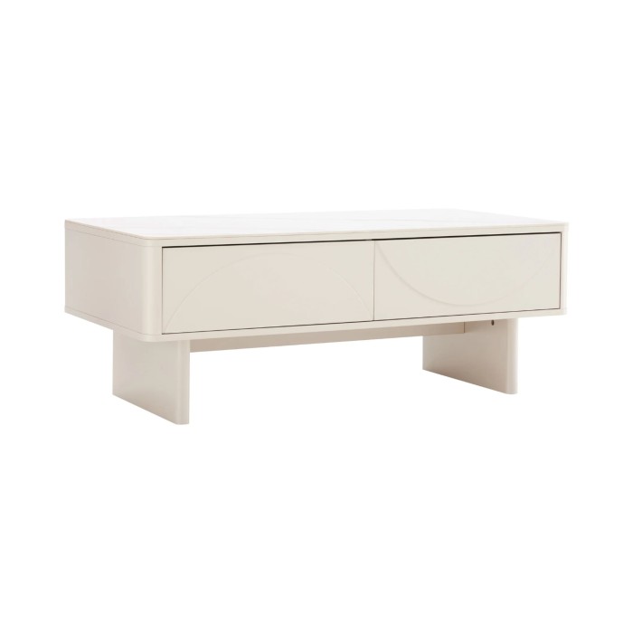 Chique salontafel MIYA 120 cm - Blad in wit marmer effect keramiek en 2 laden