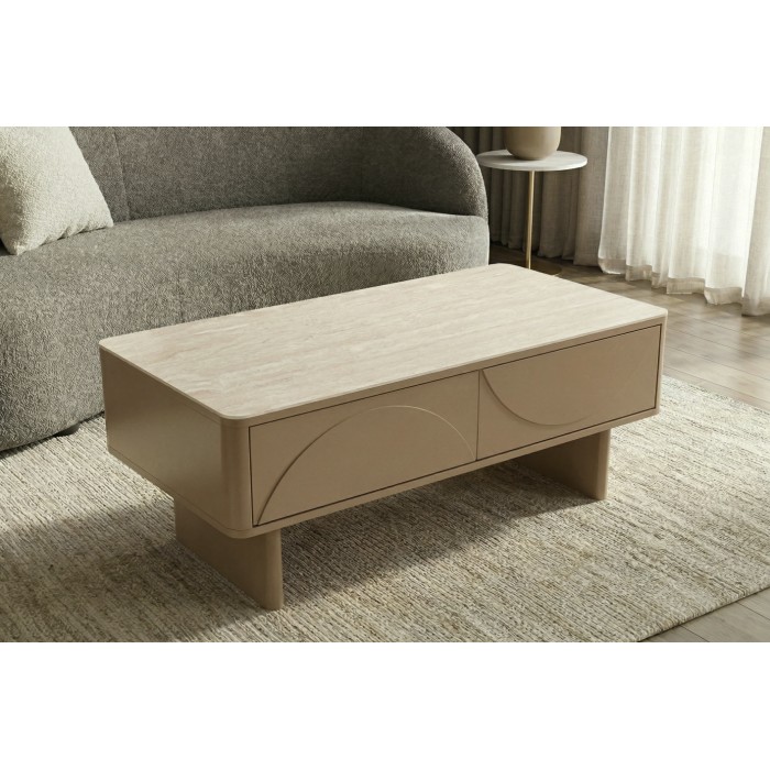 Chique salontafel MIYA 120 cm in kasjmier met travertijn effect – 2 lades en ingebouwde opbergruimte.