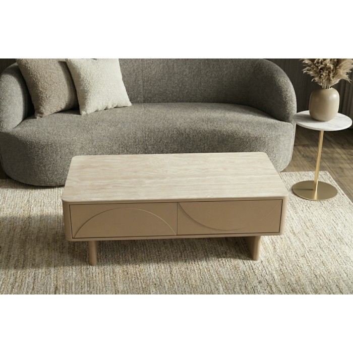 Chique salontafel MIYA 120 cm in kasjmier met travertijn effect – 2 lades en ingebouwde opbergruimte.