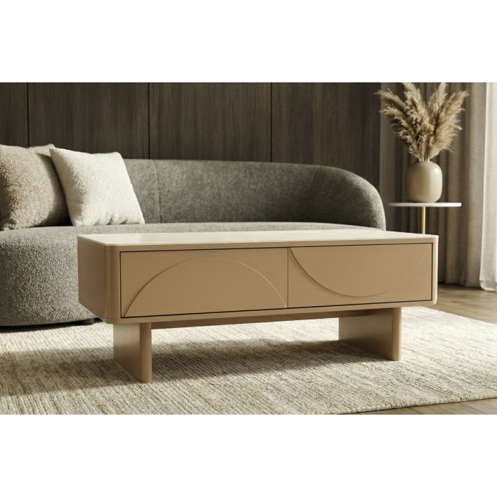 Chique salontafel MIYA 120 cm in kasjmier met travertijn effect – 2 lades en ingebouwde opbergruimte.