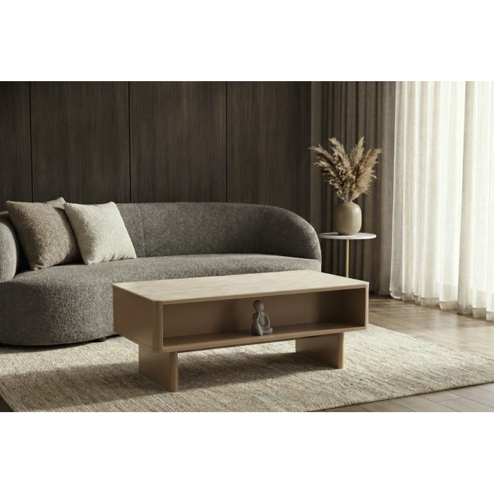Chique salontafel MIYA 120 cm in kasjmier met travertijn effect – 2 lades en ingebouwde opbergruimte.