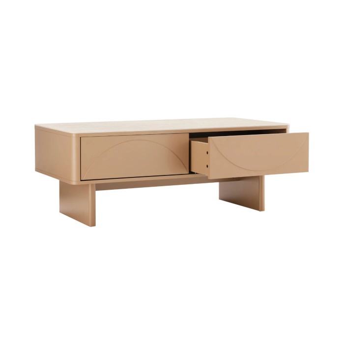 Chique salontafel MIYA 120 cm in kasjmier met travertijn effect – 2 lades en ingebouwde opbergruimte.