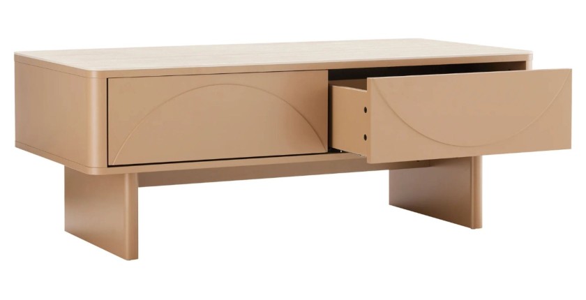 Table basse MIYA cachemire avec tiroir ouvert