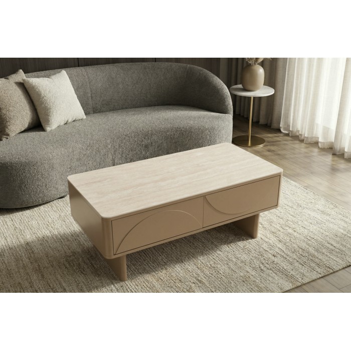 Chique salontafel MIYA 120 cm in kasjmier met travertijn effect – 2 lades en ingebouwde opbergruimte.