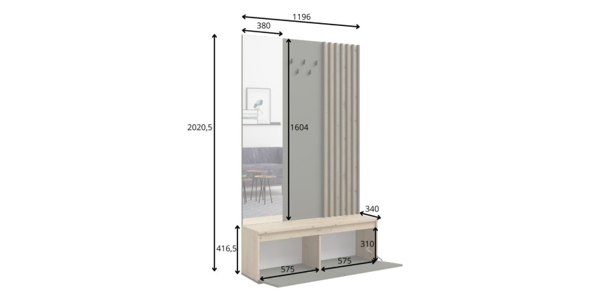 Flurmöbel mit Garderobenständer und Spiegel 120 cm - helles Eichenholz und anthrazitgrau - Kollektion NEMO