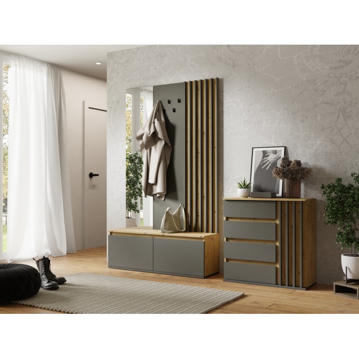 Meuble d'entrée NEMO avec miroir, porte-manteau et placards mis en situation avec la commode NEMO