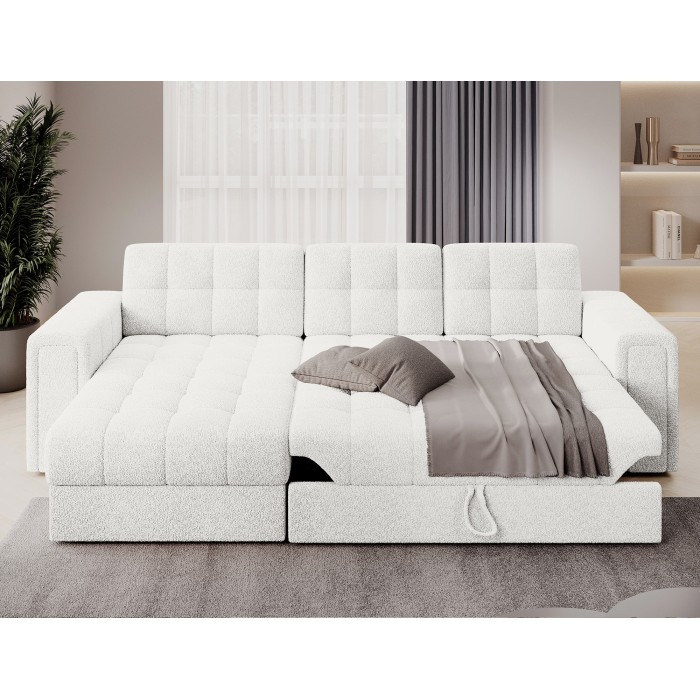 Canapé d’angle convertible KAPITARA blanc réversible avec coffre de rangement 