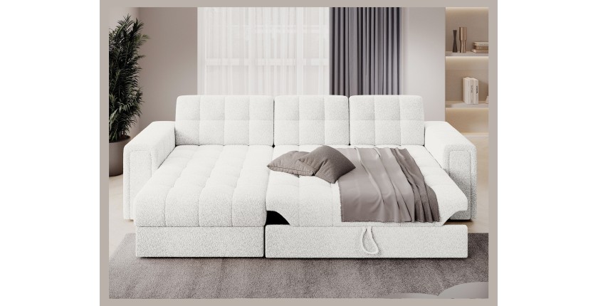 Canapé d’angle convertible KAPITARA blanc réversible avec coffre de rangement 