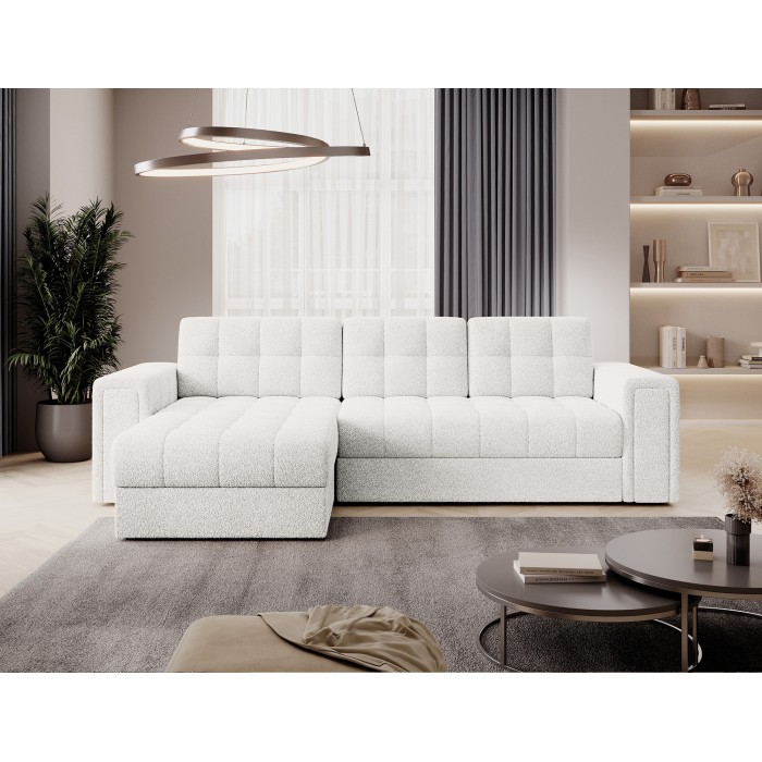 Canapé d’angle convertible KAPITARA blanc réversible avec coffre de rangement 