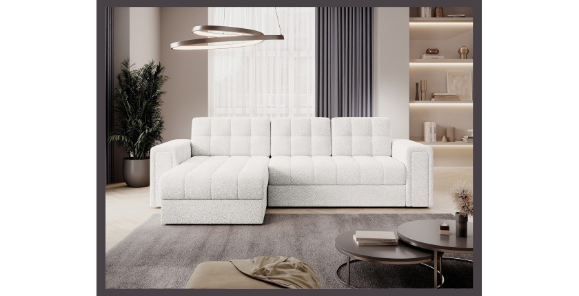 Canapé d’angle convertible KAPITARA blanc réversible avec coffre de rangement 