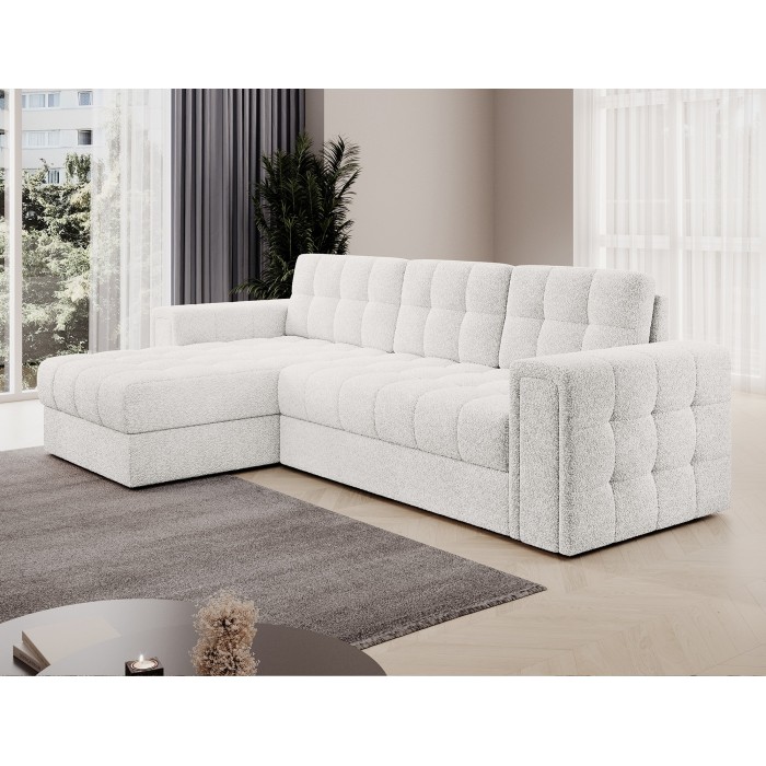 Canapé d’angle convertible KAPITARA blanc réversible avec coffre de rangement 