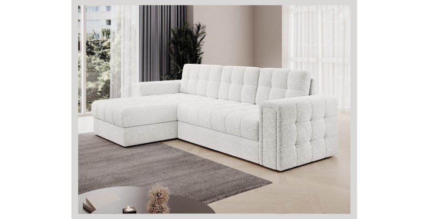 Canapé d’angle convertible KAPITARA blanc réversible avec coffre de rangement 