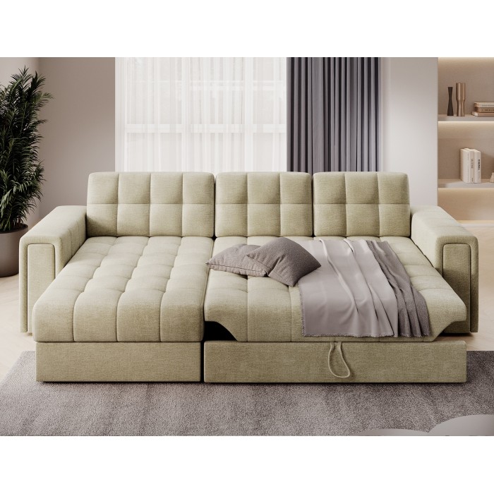 Canapé d’angle convertible KAPITARA beige réversible avec coffre de rangement 