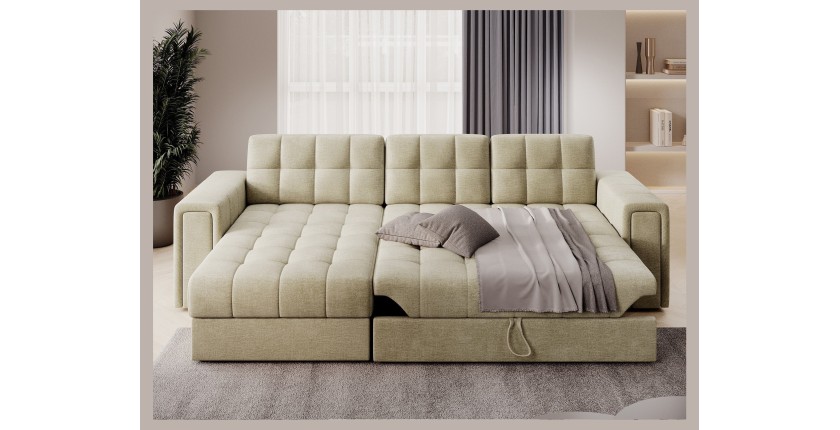 Canapé d’angle convertible KAPITARA beige réversible avec coffre de rangement 
