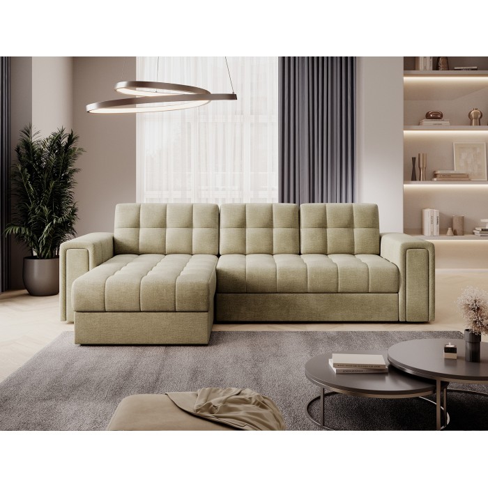 Canapé d’angle convertible KAPITARA beige réversible avec coffre de rangement 