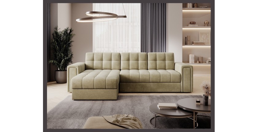 Canapé d’angle convertible KAPITARA beige réversible avec coffre de rangement 