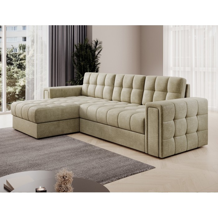 Canapé d’angle convertible KAPITARA beige réversible avec coffre de rangement 