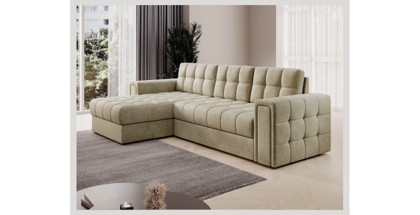 Canapé d’angle convertible KAPITARA beige réversible avec coffre de rangement 