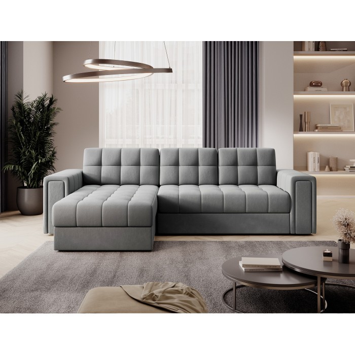 Canapé d’angle convertible KAPITARA gris réversible avec coffre de rangement 