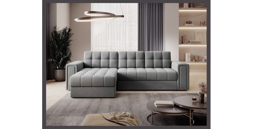 Canapé d’angle convertible KAPITARA gris réversible avec coffre de rangement 
