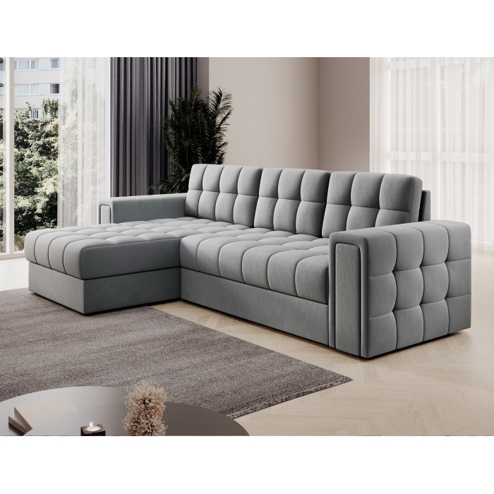 Canapé d’angle convertible KAPITARA gris réversible avec coffre de rangement 