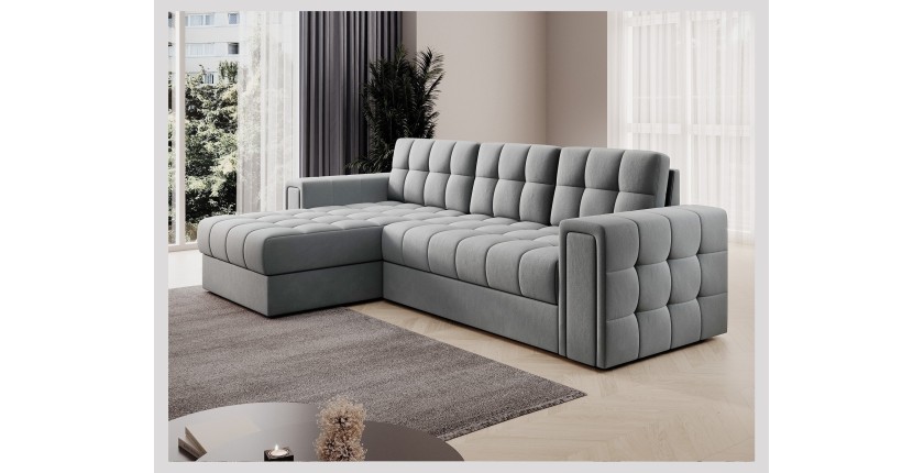Canapé d’angle convertible KAPITARA gris réversible avec coffre de rangement 