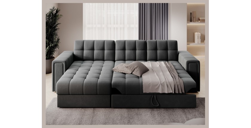 Canapé d’angle convertible KAPITARA gris foncé réversible avec coffre de rangement 