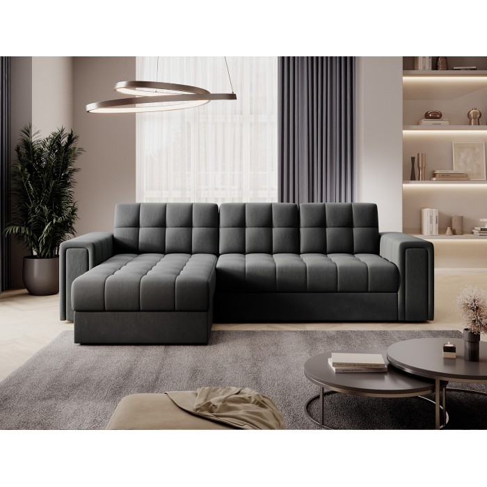 Canapé d’angle convertible KAPITARA gris foncé réversible avec coffre de rangement 