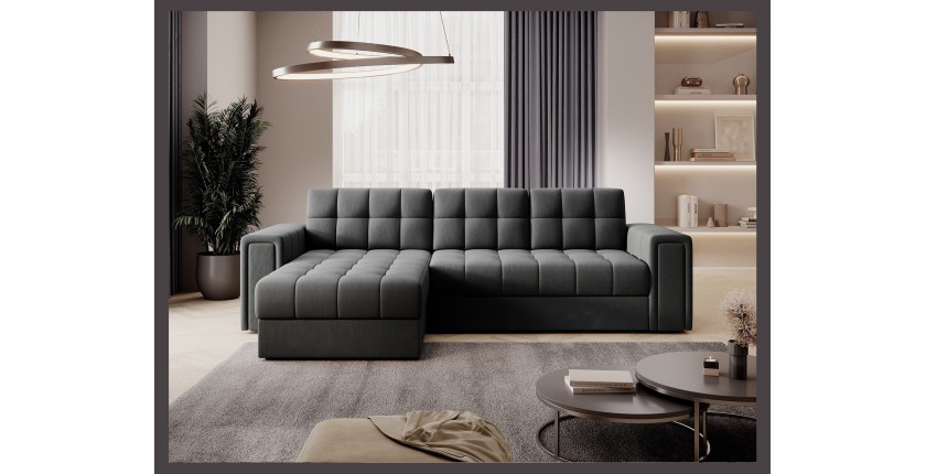 Canapé d’angle convertible KAPITARA gris foncé réversible avec coffre de rangement 
