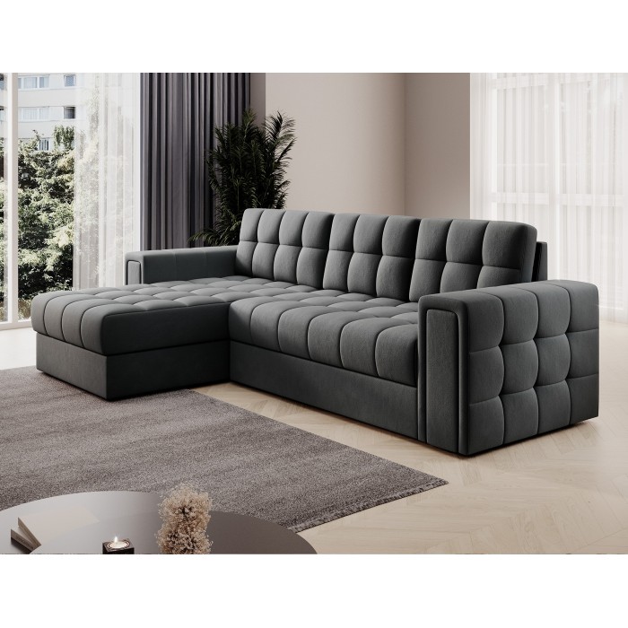 Canapé d’angle convertible KAPITARA gris foncé réversible avec coffre de rangement 