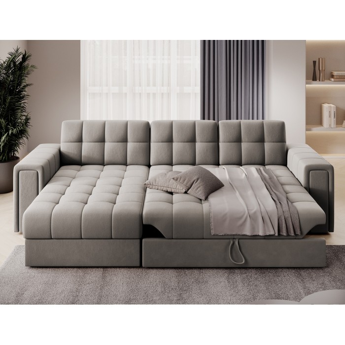 Canapé d’angle convertible KAPITARA beige réversible avec coffre de rangement 